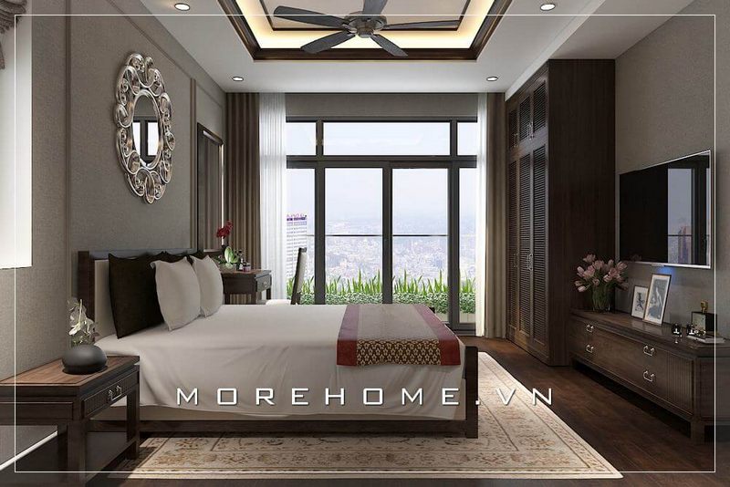 Phòng ngủ chung cư hiện đại và sang trọng, gam màu nâu trầm của đồ nội thất mang lại vẻ đẹp tinh tế khó tả