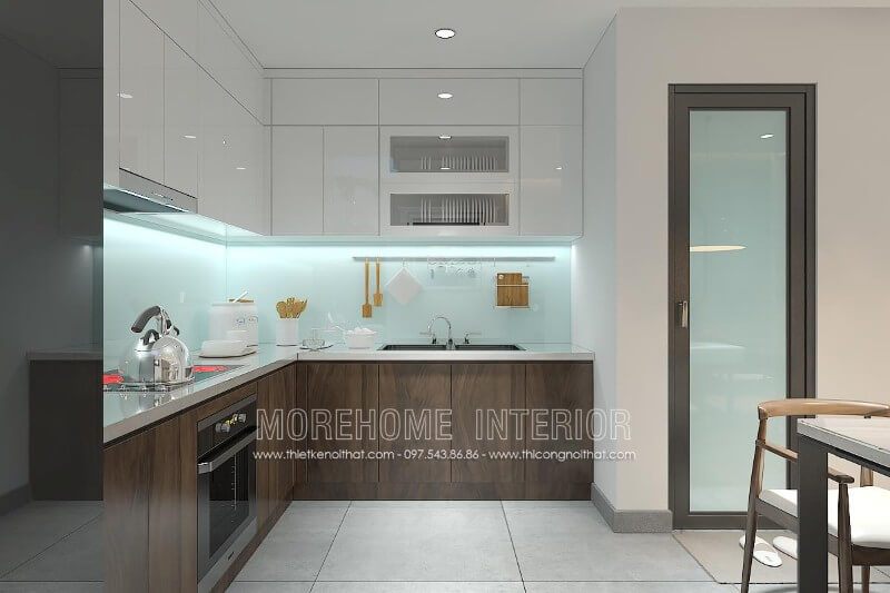 Mẫu tủ bếp chữ L hiện đại được gia chủ lựa chọn vừa tiết kiệm vừa mang lại sự sang trọng, vừa tiết kiệm được tối đa diện tích cho không gian thêm rộng và thoáng hơn.
